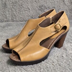 Sanita Leather Peep Toe Heeled Sandals Pumps Tan Wood Block Heel Women 41
